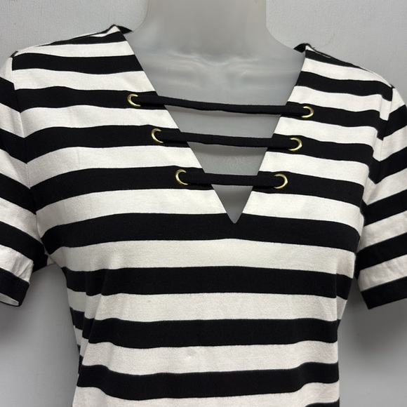 NEW Michael Kors Short Sleeve Lace Detailed Neckline Striped Dress Size Small - Picture 2 of 10